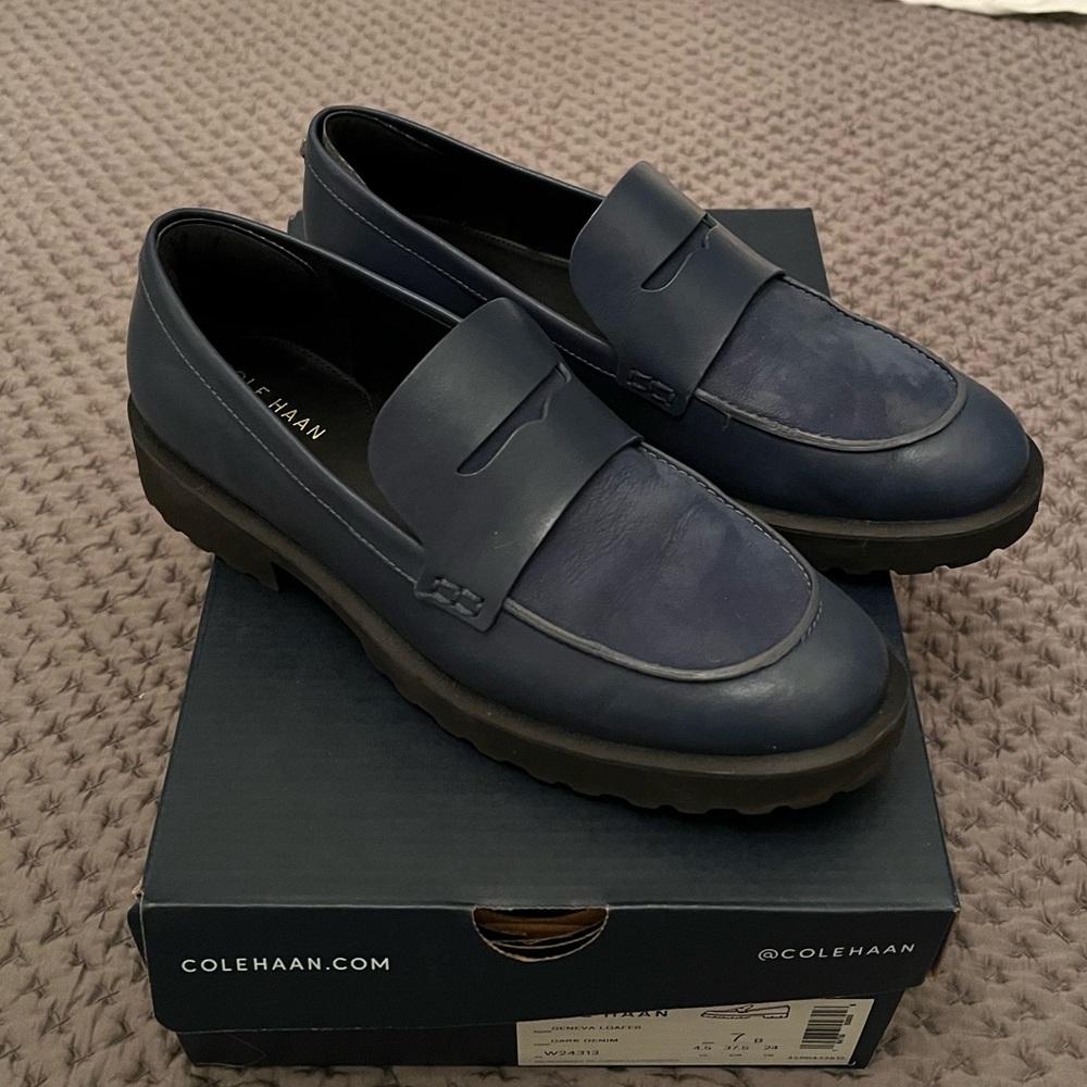 Cole Haan Geneva Loafer in blue with Suede inset.